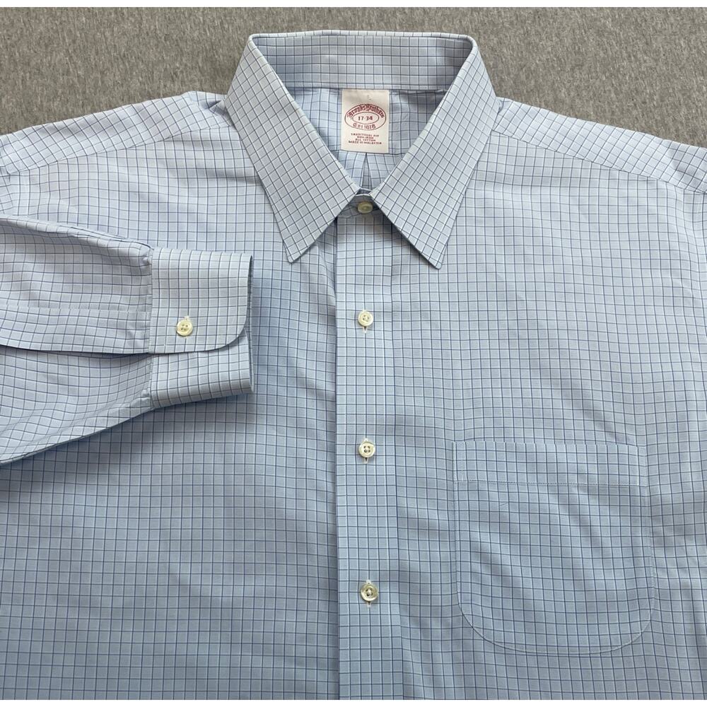 Brooks Brothers Shirt Mens 17 - 34 Check 100% Cotton Button Up Long Sleeve